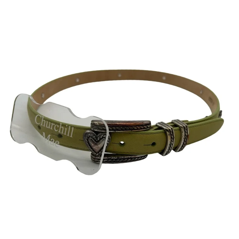 Y2K Brighton Lime Green Leather Belt Silver Heart Buckle Womens Size‎ Medium